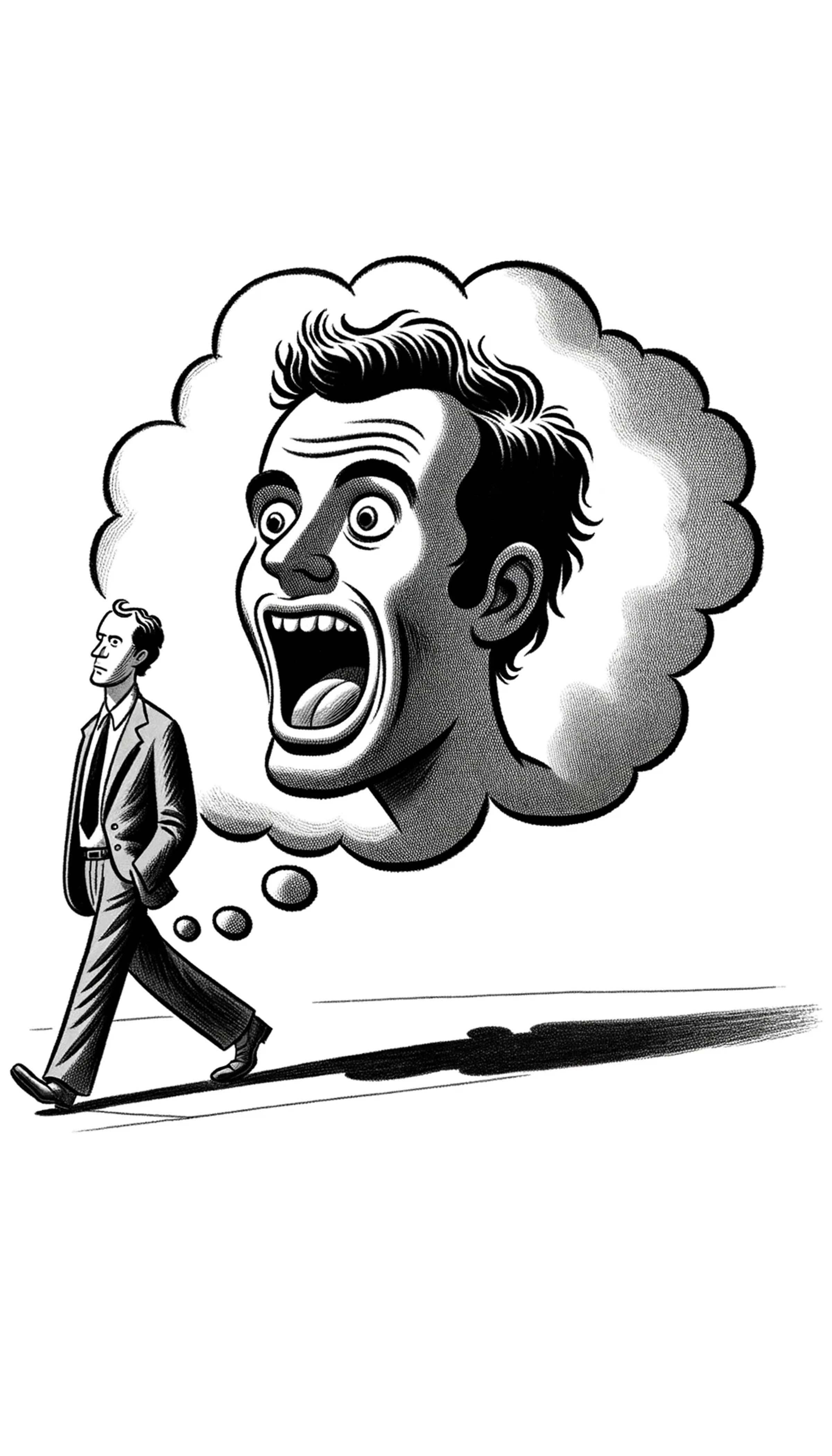 Illustration Reminiscent Of The New Yorker Magazine Cartoons. A Man Strolls With A Pensive Expression. Above Him, A Thought Bubble Emerges, Revealing 