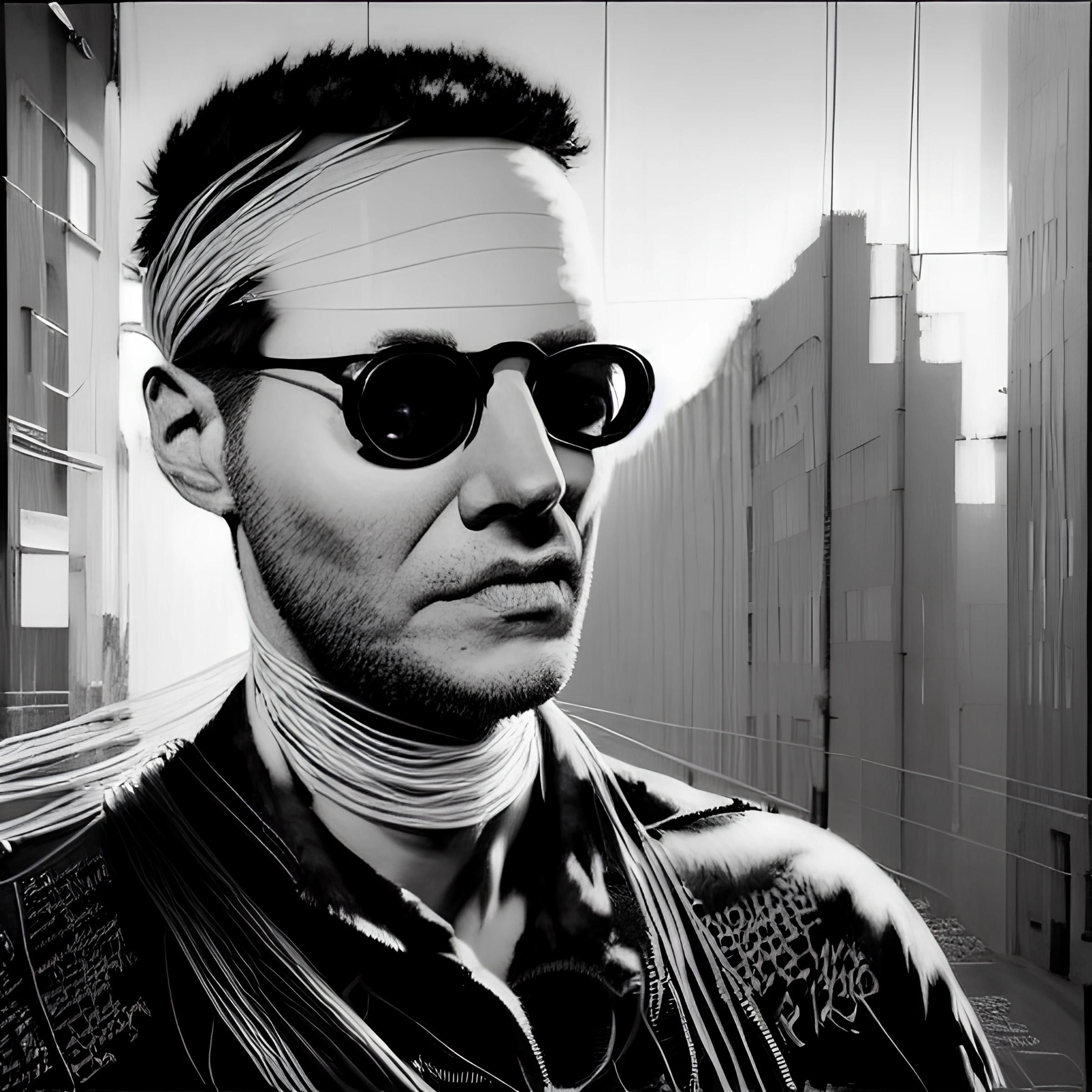 Man Wrapped In A Myriad Of Wires Face Clearly Visible Blank And White Artwork Graffiti By Banksy  320298575