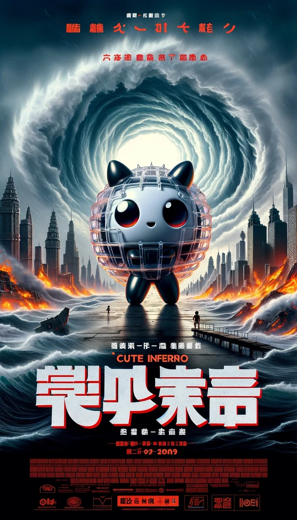 2023 10 27 22.08.22  Movie Poster For 'Cute Inferno'. The Central Figure Is The 3 Legged Plastic Sphere Creature, Echoing A Chinese Cartoon Style, Looking Brave Amidst The