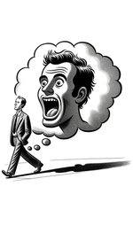 Illustration Reminiscent Of The New Yorker Magazine Cartoons. A Man Strolls With A Pensive Expression. Above Him, A Thought Bubble Emerges, Revealing 